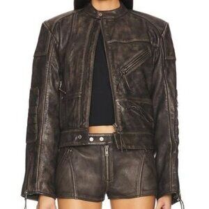 h:ours Lavinia Leather Racer Jacket in Distressed Black biker motorcycle bomber